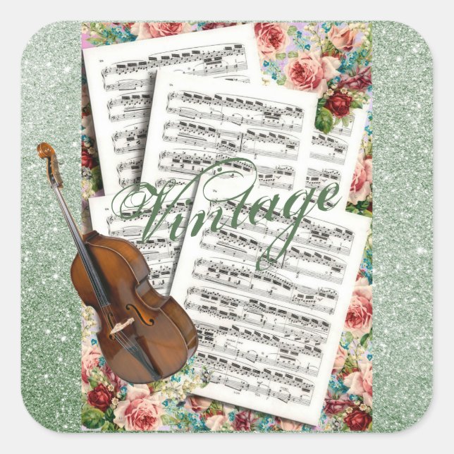Sticker Carré Musique vintage & Fleurs (Devant)