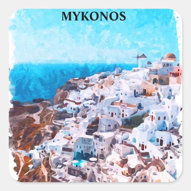 Sticker Carré Mykonos Grèce aquarelle peinture (Devant)