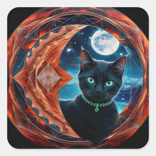 Sticker Carré Mystical Black Cat Celestial Mandala (Devant)
