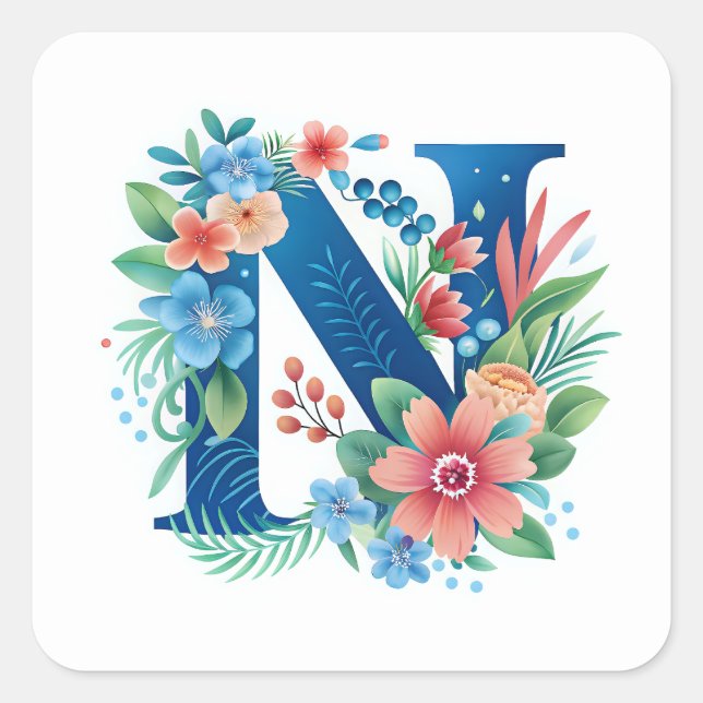 Sticker Carré N monogramme bleu avec fleurs (Devant)