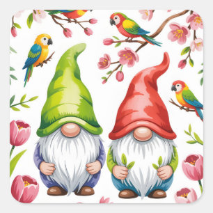 Sticker Carré Nains de jardin avec perroquets tropicaux