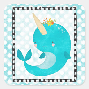 Sticker Carré Narwhal mignon - baleine d'Aqua de turquoise