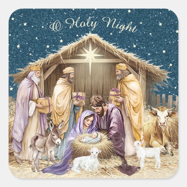 Sticker Carré Nativité de Noël de l'aquarelle (Devant)