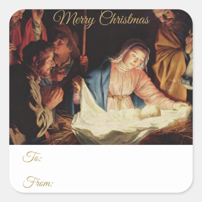 Sticker Carré Nativité religieuse Gold Script cadeau de Noël (Devant)