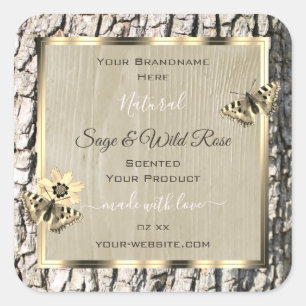 Sticker Carré Nature Beige Tree Bark Gold Frame Produits Étiquet