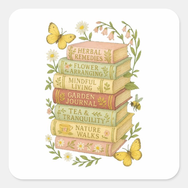Sticker Carré Nature et livre Lover Botanique Stack (Devant)