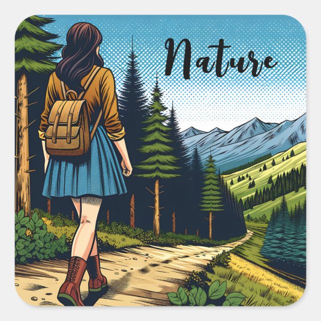 Sticker Carré Nature | Femmes Randonnée sur un sentier (Devant)