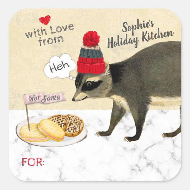 Sticker Carré Naughty raccoon mange vos biscuits de Noël cuire (Devant)