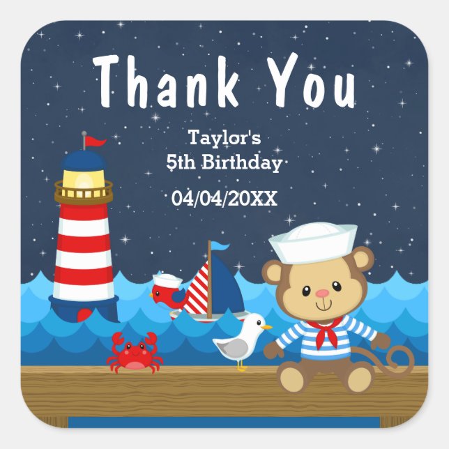 Sticker Carré Nautical Boy Monkey Red Anniversaire Merci (Devant)