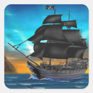 STICKER CARRÉ NAVIRE PIRATE AU COUCHER DU SOLEIL
