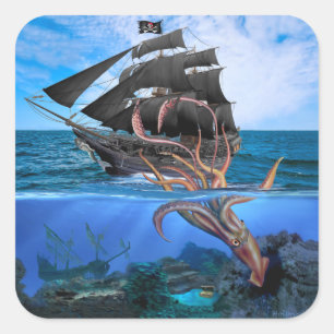 Sticker Carré Navire pirate contre le calmar géant