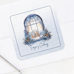 Sticker Carré Neige Nordique Hiver Pastel Bleu Et Blanc