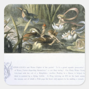 Sticker Carré Nénuphars et fées de l'eau, illustration de