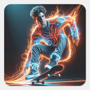 Sticker Carré Neon Skateboarder Avec Des Pistes Fluisantes