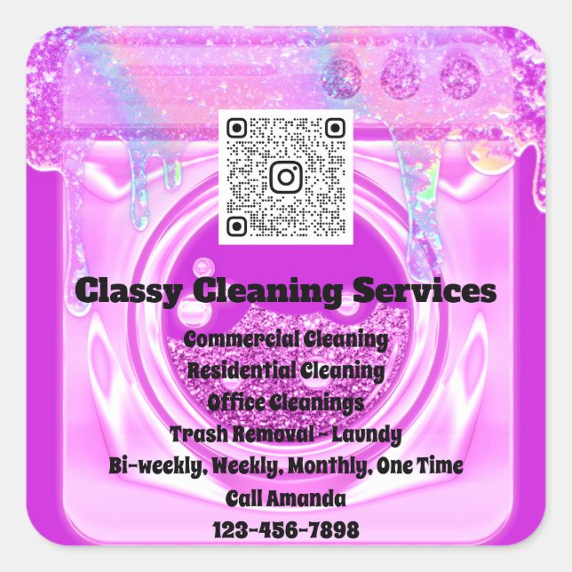 Sticker Carré Nettoyage Maid Housekeeper QRCode Logo Drips rose (Devant)