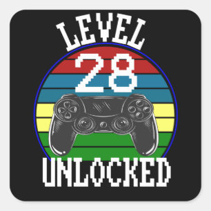 Sticker Carré Niveau 28 Déverrouillé Funny 28e anniversaire idée