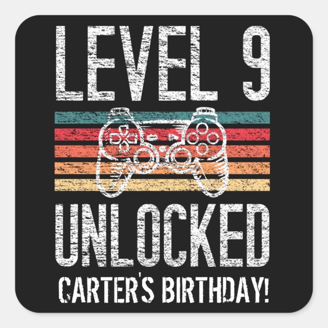 Sticker Carré Niveau 9 Déverrouillé 9e anniversaire Personnalisé (Devant)