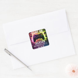 Sticker Carré Niveau supérieur ! Jeu vidéo Neon fête d'anniversa