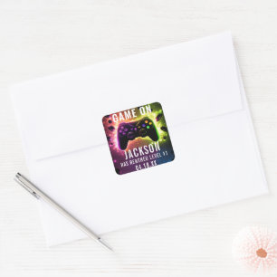 Sticker Carré Niveau supérieur ! Jeu vidéo Neon fête d'anniversa