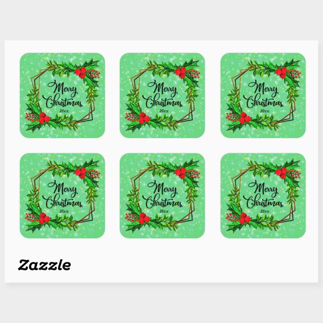 Sticker Carré Noël 20xx Holly Red Berries Vert moderne (Feuille)