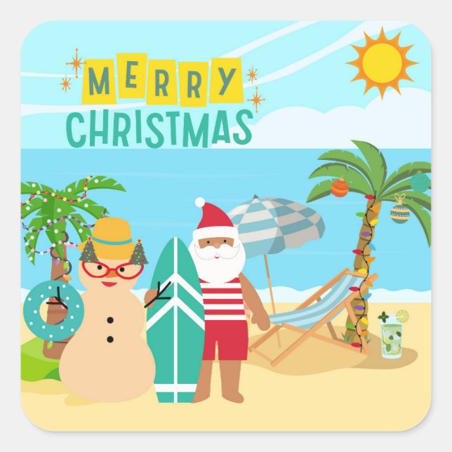 Sticker Carré Noël à père Noël Beach (Devant)