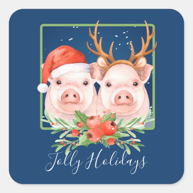 Sticker Carré Noël adorable de couple de cochon mignon (Devant)