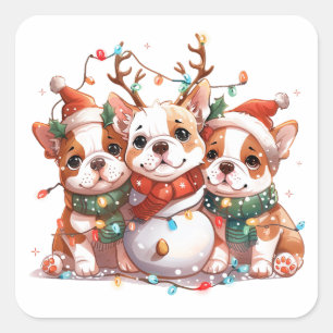 Sticker Carré Noël anglais Bulldog Reindeer Père Noël