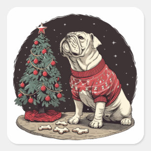 Sticker Carré Noël Anglais Chien de Noël Arbre