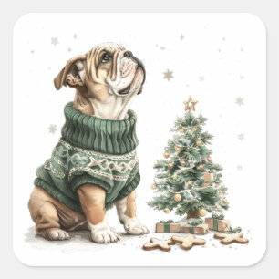 Sticker Carré Noël Anglais Chien de Noël Arbre