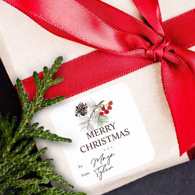 Sticker Carré Noël Aquarelle Pine Cone Berries à destination et  (Christmas Watercolor Pine Cone Berries TO and FROM Square Sticker)