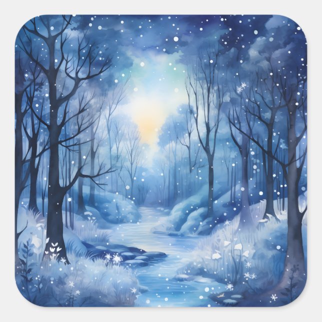 Sticker Carré Noël Arbres Bleus Bois Rivière Snowy Scène (Devant)