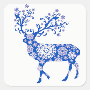 Sticker Carré Noël aux rennes de flocon bleu