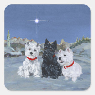 Sticker Carré Noël avec des Westies et un Scottie