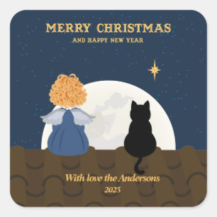 Sticker Carré Noël bleu or mignon bébé ange