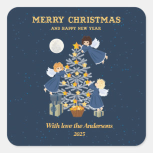 Sticker Carré Noel bleu or mignon bébé ange arbre