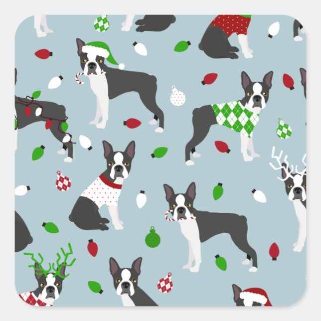 Sticker Carré Noël Boston Terrier (Devant)