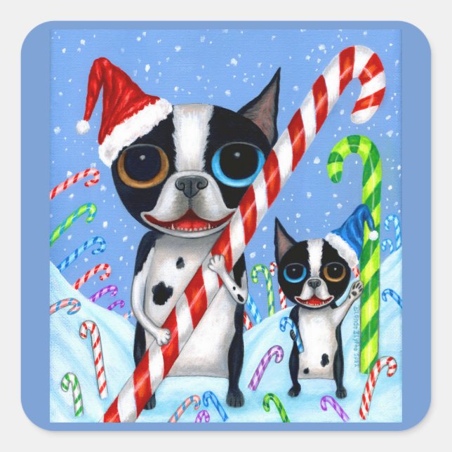 Sticker Carré Noël Boston Terrier Chiens Sucre de canne Santa Ha (Devant)