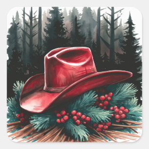 Sticker Carré Noël Casquette Red Cowboy avec baies rouges