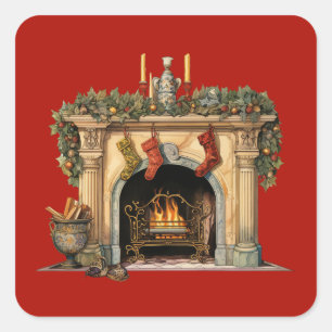 Sticker Carré Noël cheminée victorienne cosy