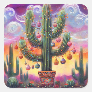 Sticker Carré Noël dans le désert Sud-Ouest Saguaro Cactus