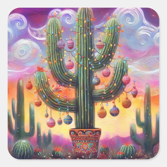 Sticker Carré Noël dans le désert Sud-Ouest Saguaro Cactus (Devant)