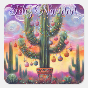 Sticker Carré Noël dans le désert Sud-Ouest Saguaro Cactus