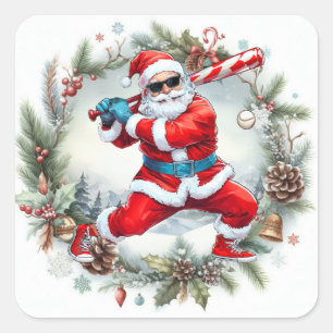 Sticker Carré Noël de baseball avec le Père Noël
