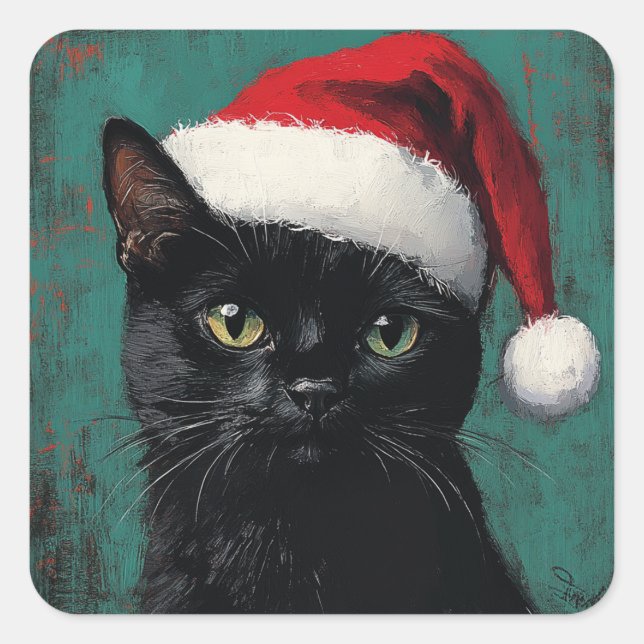 Sticker Carré Noël de chat noir (Devant)