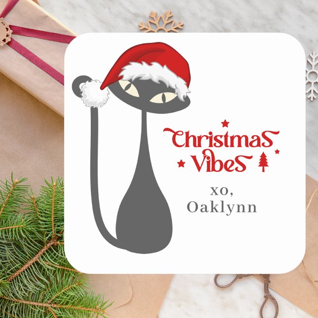 Sticker Carré Noël de chat noir atomique rétro (Retro Atomic Cat Sticker)