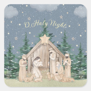 Sticker Carré Noël de la crèche à l'aquarelle