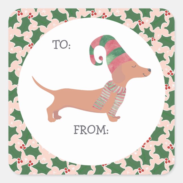 Sticker Carré Noël de mignonne Dachshund (Devant)