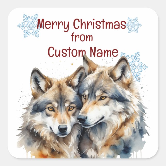 Sticker Carré Noël de mignons loups Couple Personnaliser animale (Devant)