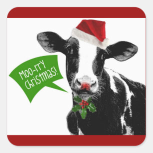 Sticker Carré Noël de Noël de Moo ! Vache de vacances amusante à
