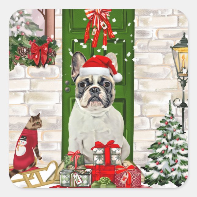 Sticker Carré Noël des Bulldog français (Devant)